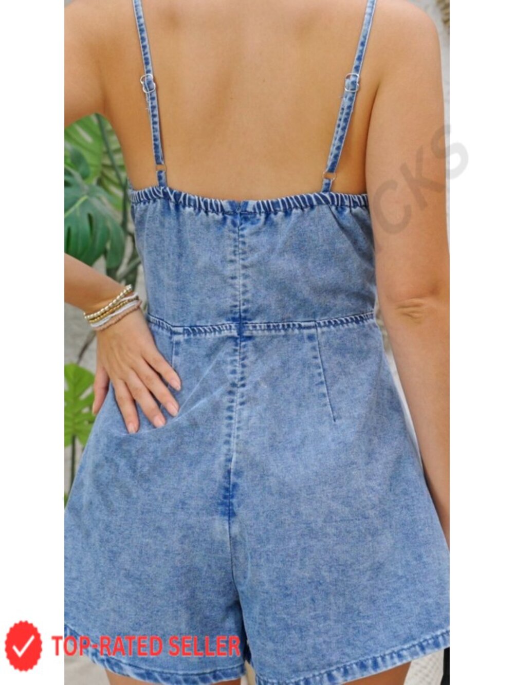 Vintage Bowknot Spaghetti Strap Denim Romper Sleeveless Wide Leg Jean Jumpsuit - Picture 4 of 6